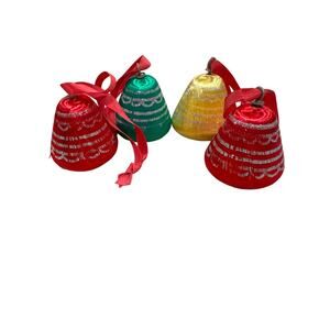 Nostalgic VTG Satin Wrapped Bell Christmas Ornaments Set 4 Glitter Mid Century
